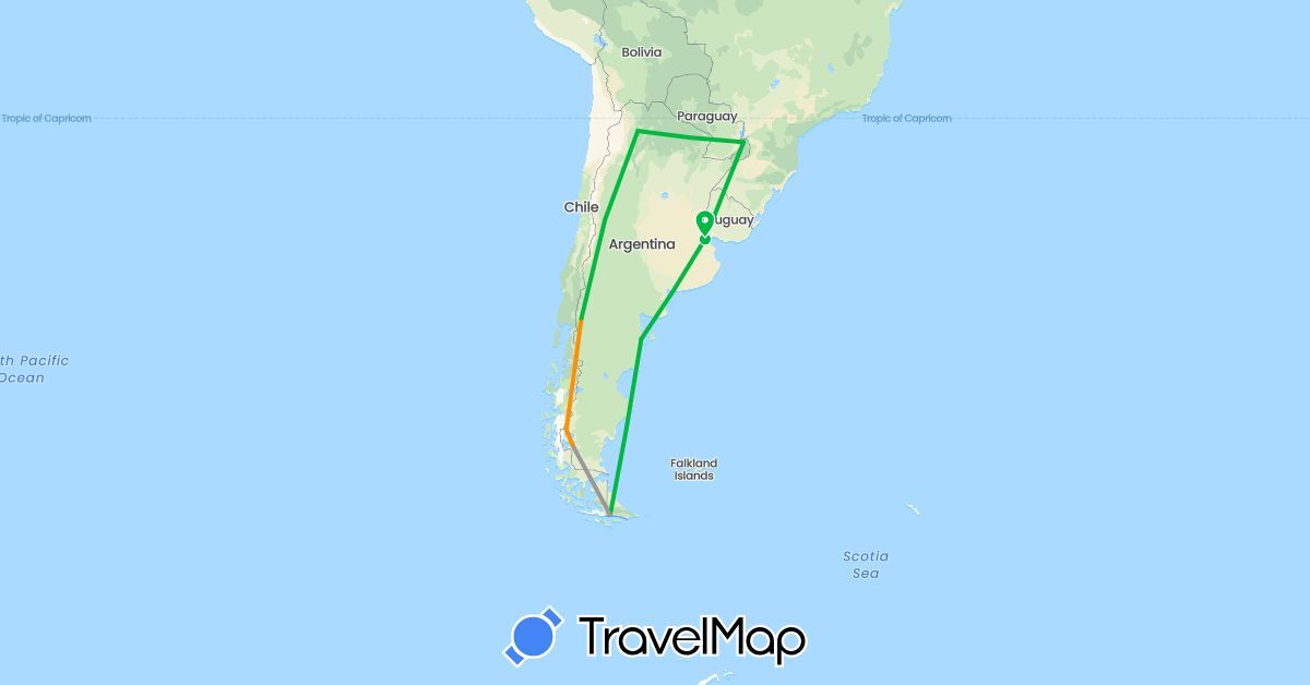 TravelMap itinerary: bus, plane, hitchhiking in Argentina (South America)